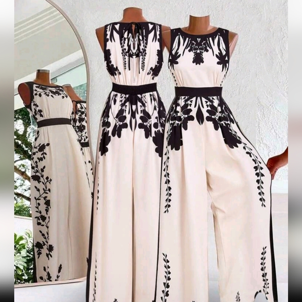 Sleeveless Cream Jumpsuit with Black Floral Print